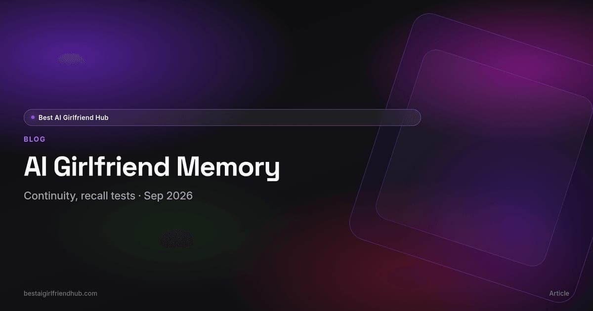 AI girlfriend memory abstract card — continuity threads, recall markers, and chat arcs