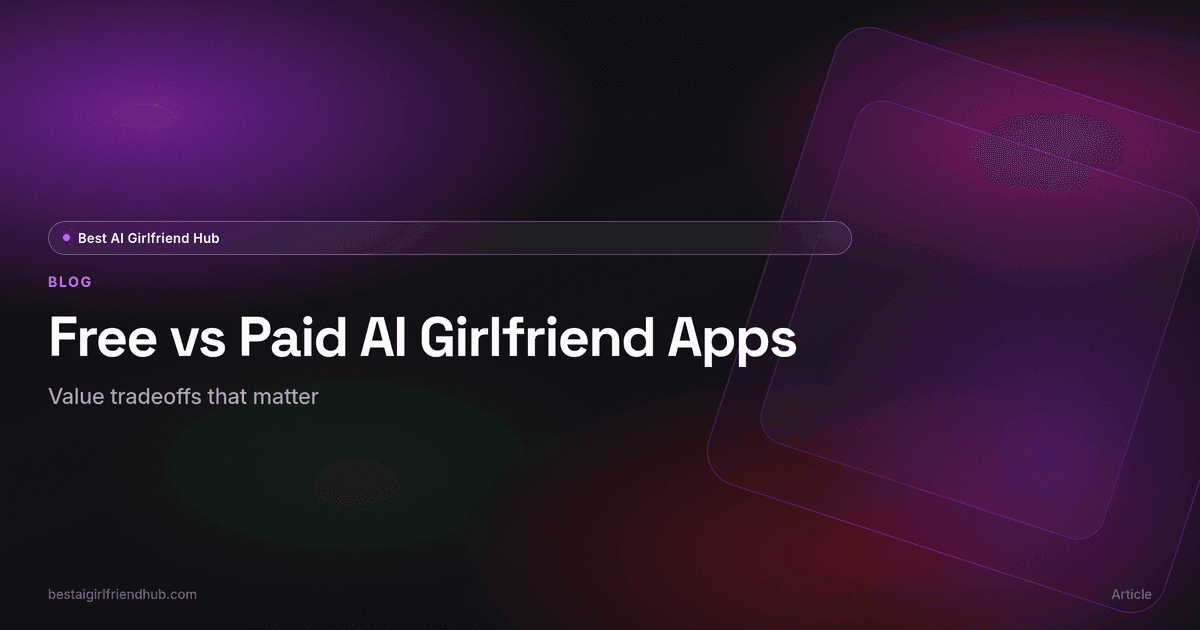 Free vs paid AI girlfriend comparison card — tiers, credits, and value themes