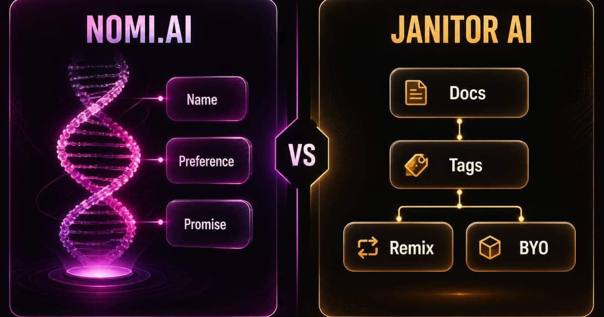 Nomi.ai vs Janitor AI: Memory vs Free Catalogue comparison card