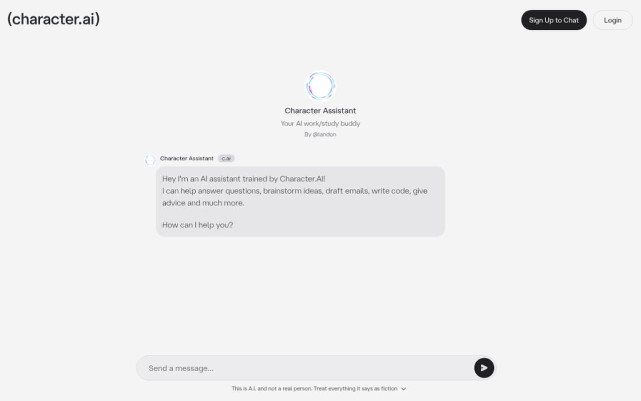 Character.AI public Character Assistant chat with greeting bubble, composer, and Sign Up to Chat controls