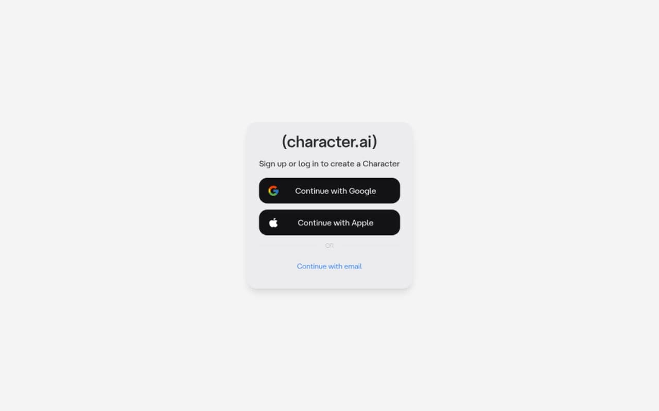 Character.AI Create a Character gate prompting Sign up or log in with Google Apple or email