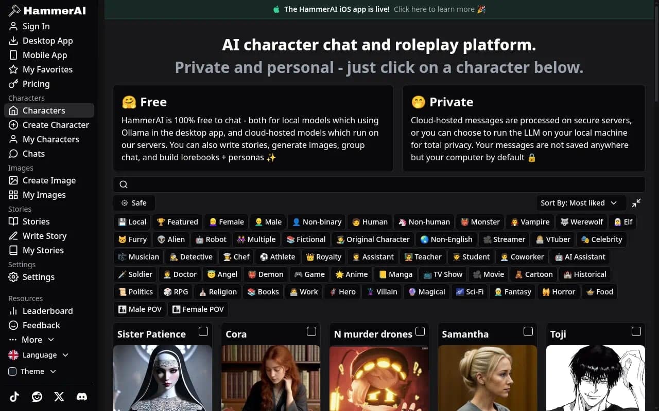 HammerAI homepage character chat catalogue with Free Private messaging, search, filters, and character cards