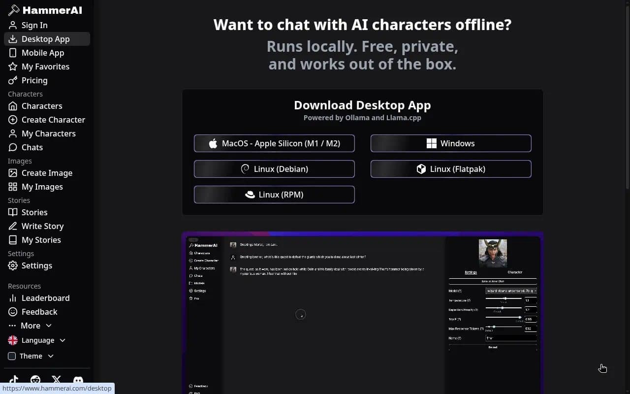 HammerAI Desktop App page showing Runs locally Free private messaging and desktop UI customization preview