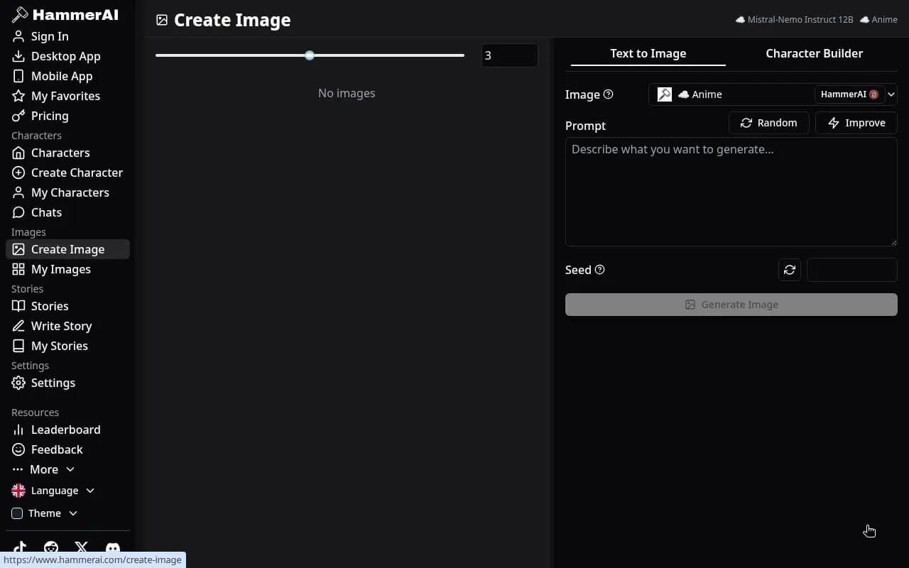HammerAI Create Image page with Text to Image and Character Builder tabs, model selector, and Generate Image