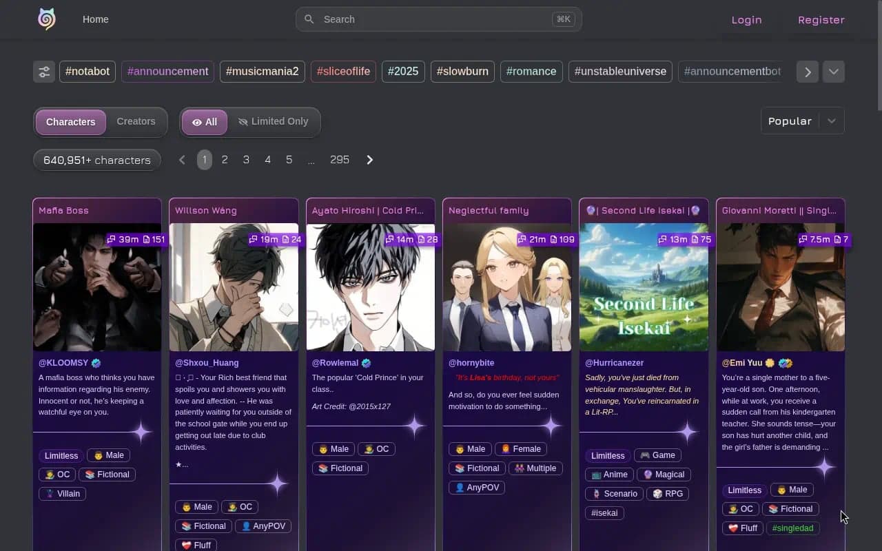 Janitor AI public search catalogue with tags, filters, and character cards