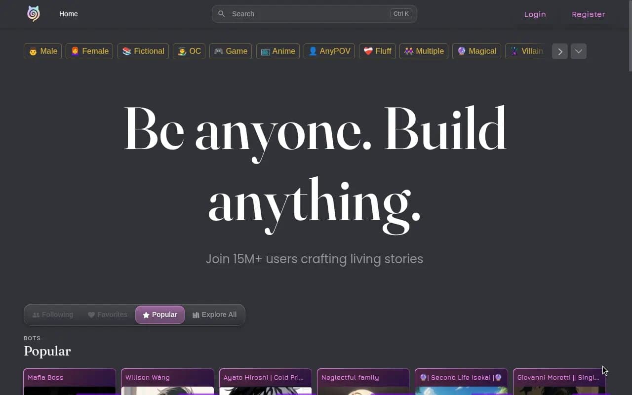 Janitor AI homepage with Be anyone Build anything positioning and Popular bot preview cards
