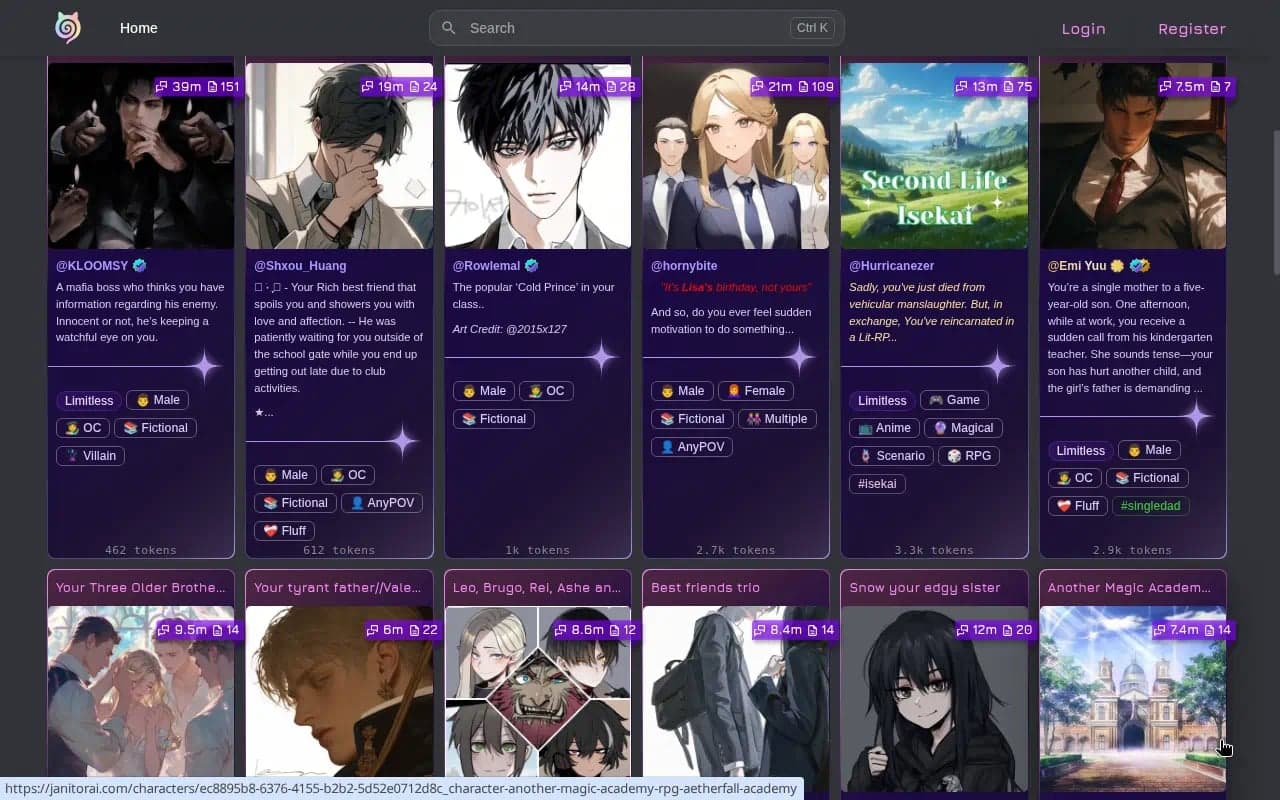 Janitor AI homepage catalogue gallery with bot card artwork, tags, and token counts