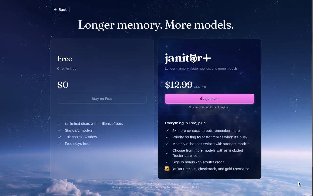 Janitor AI Plus pricing page showing Free and janitor+ monthly plans