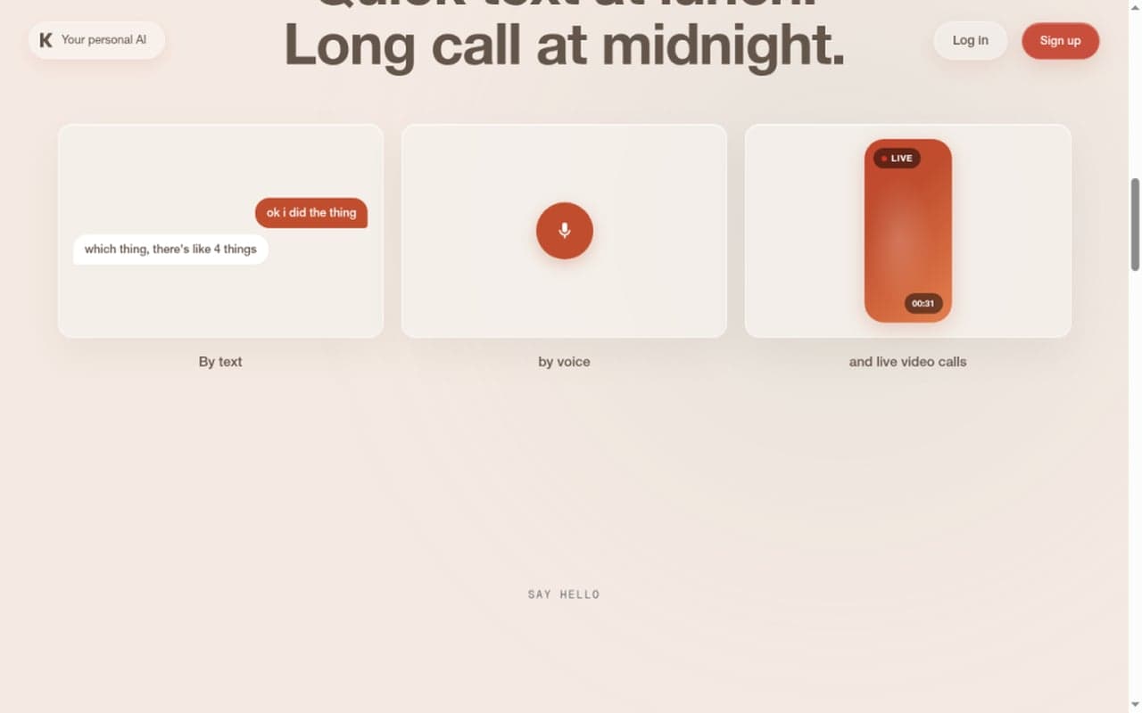 Kindroid public product page showing text chat, voice, and live video-call UI mockups