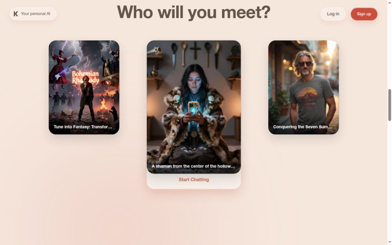 Kindroid public “Who will you meet?” featured companion cards with Start Chatting