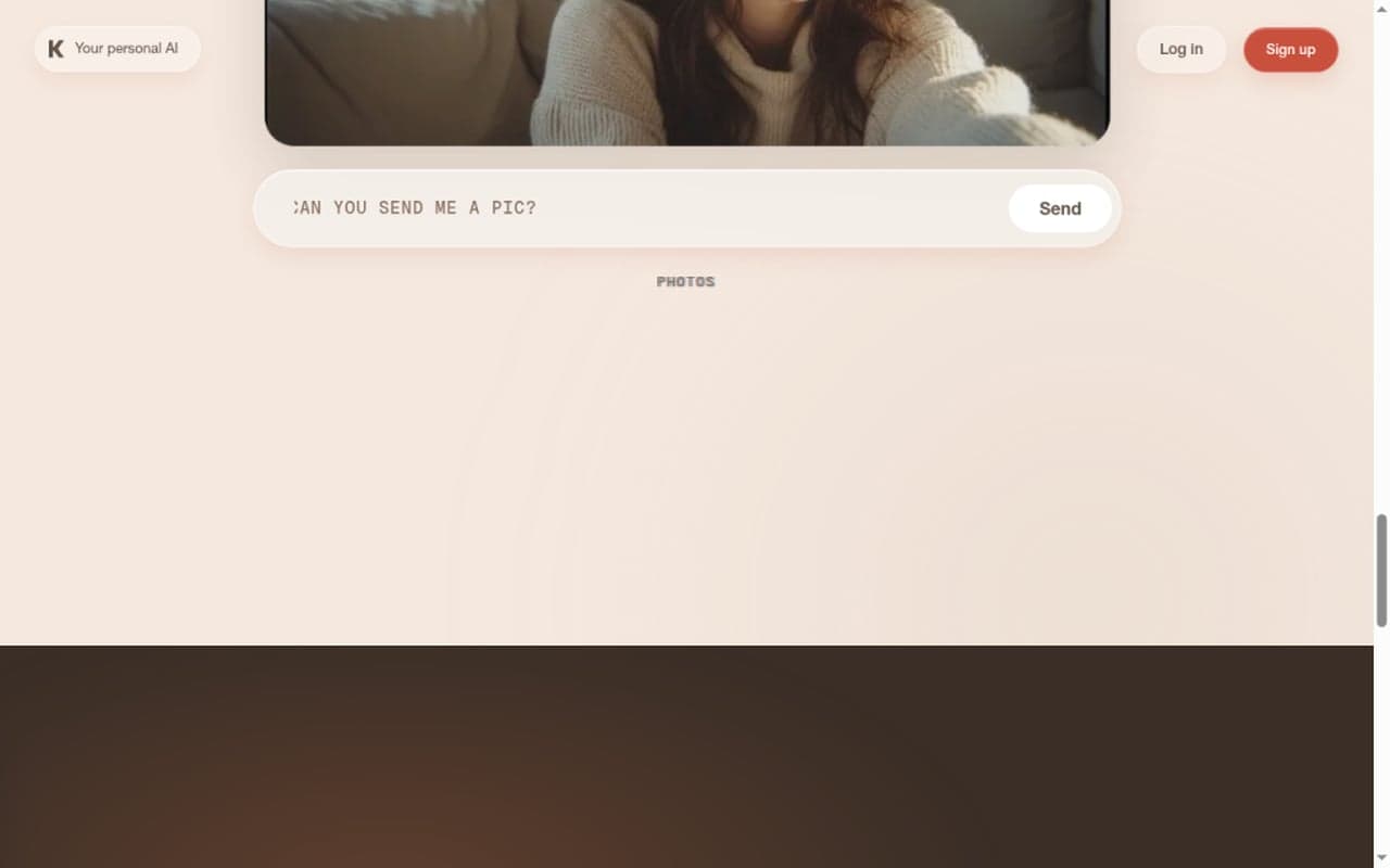 Kindroid public Photos surface with image/message panel and pic request composer