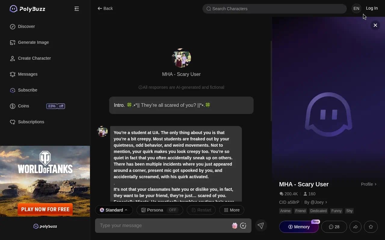 PolyBuzz guest character chat with intro reply, message field, and character detail panel