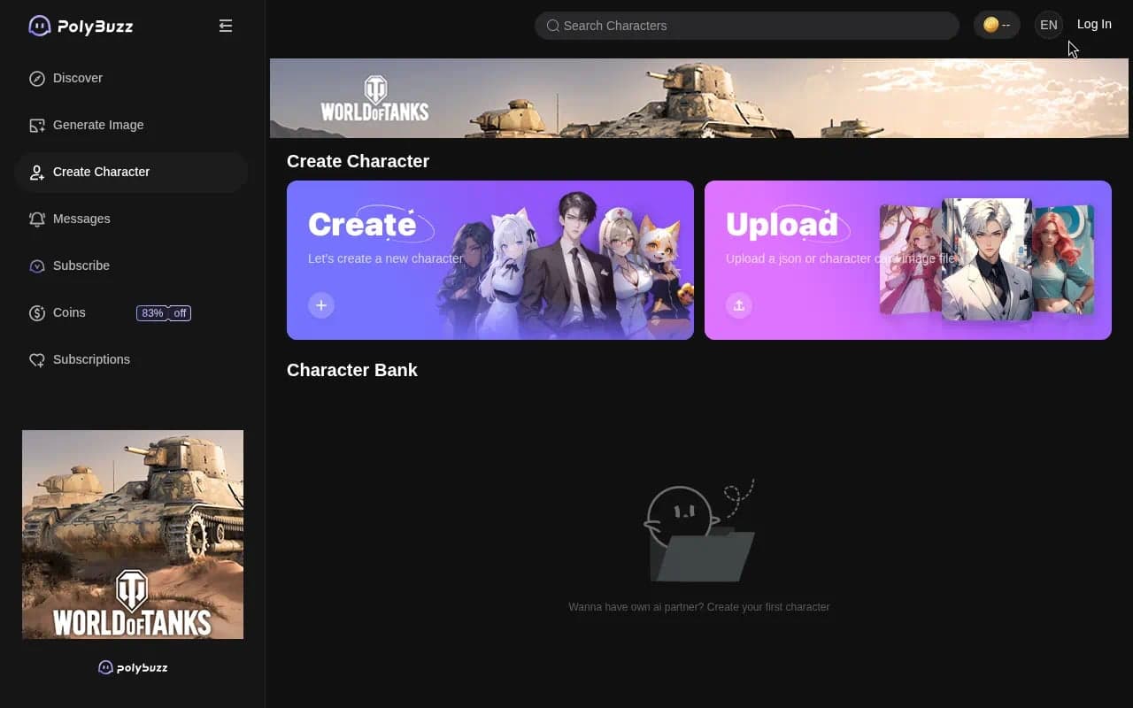 PolyBuzz Create Character surface with Create and Upload cards and Character Bank empty state