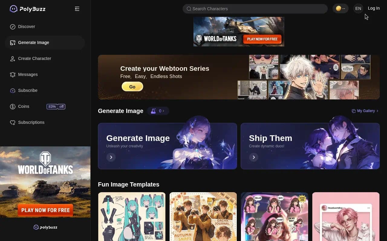 PolyBuzz Generate Image surface with Generate Image card, Ship Them, My Gallery, and Fun Image Templates
