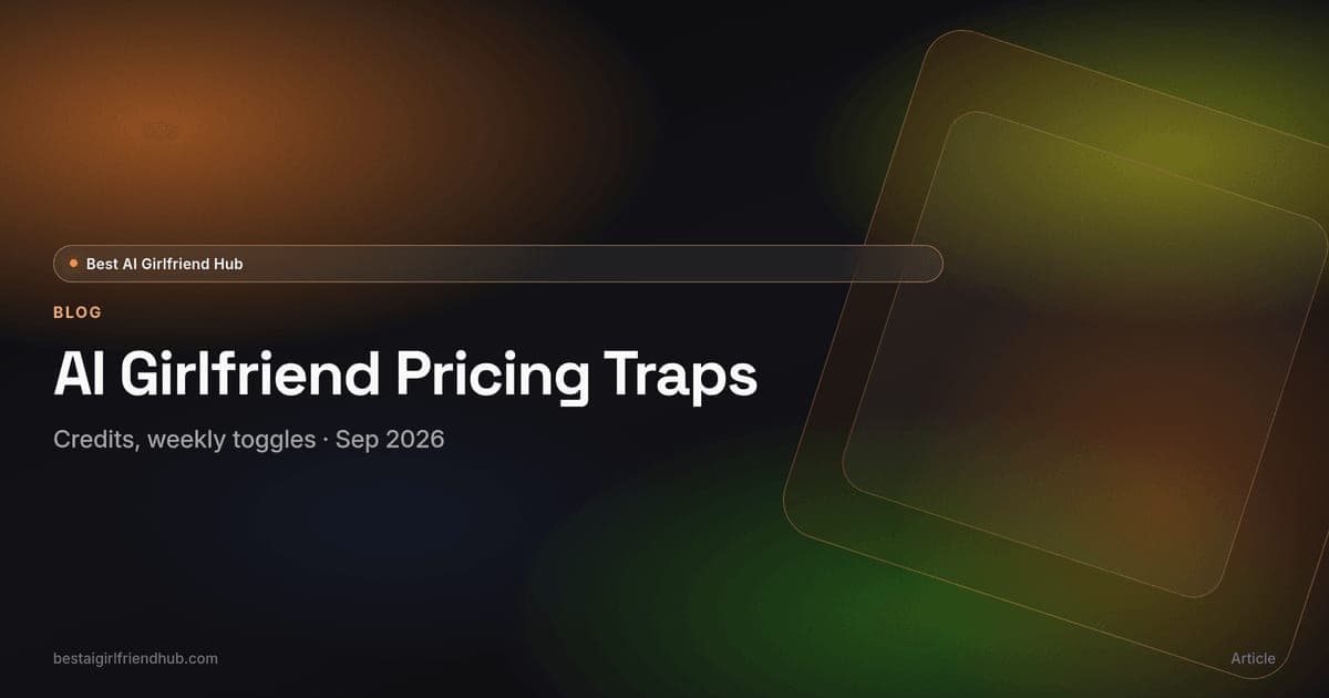 AI girlfriend pricing traps abstract card — billing toggles, credit meters, and budget caps