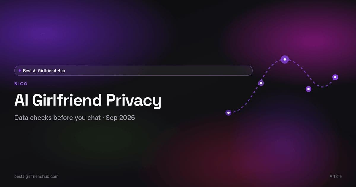 AI girlfriend privacy abstract card — lock, chat log, and delete controls