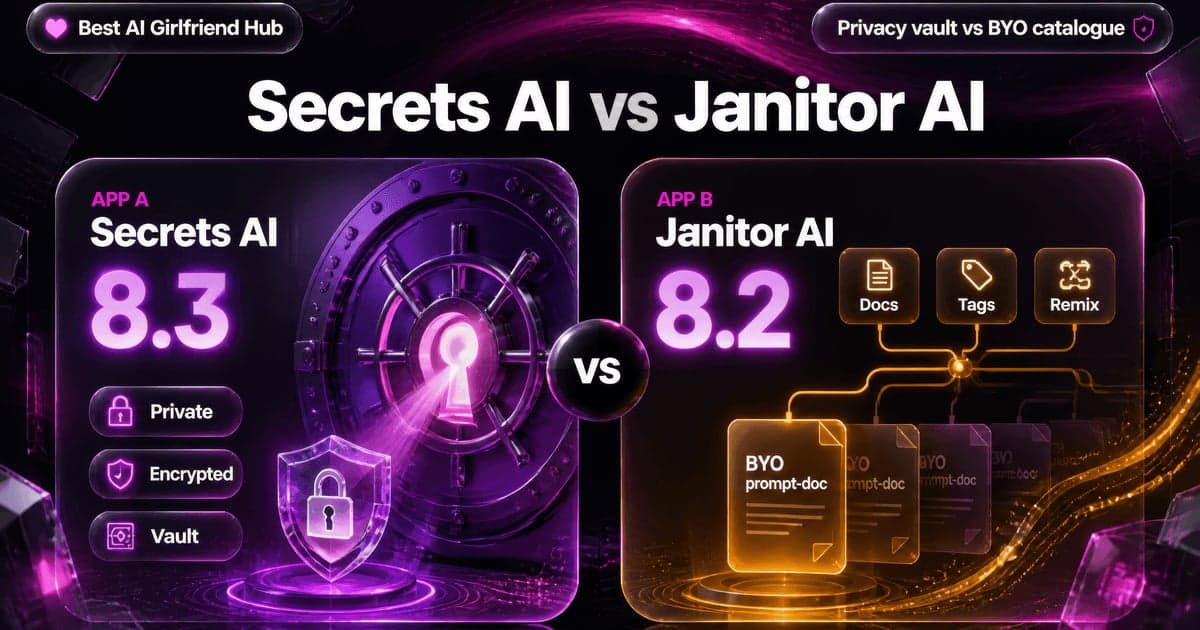 Secrets AI vs Janitor AI: Privacy vs Free RP comparison card
