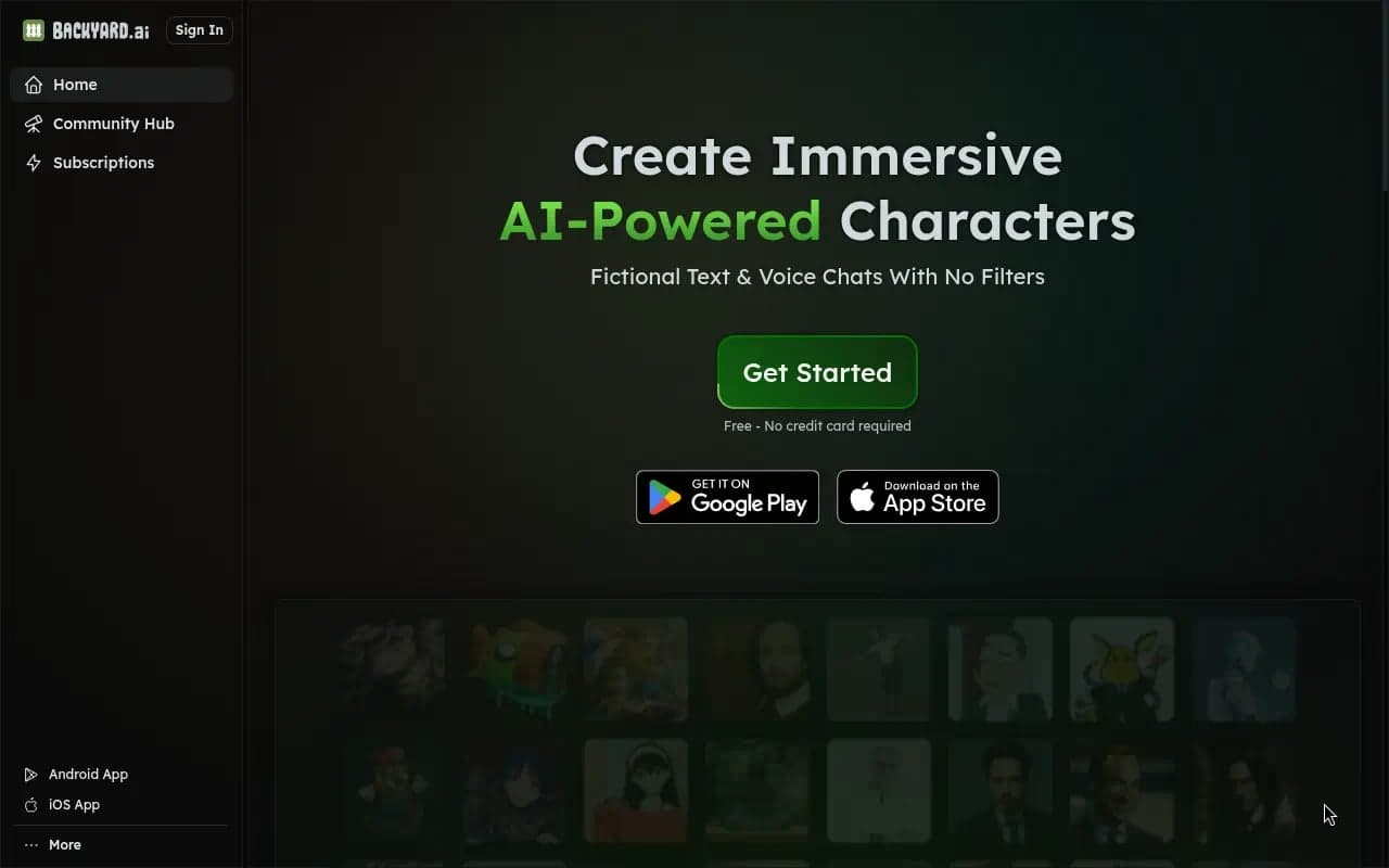 Backyard AI public homepage with app sidebar Home Community Hub Subscriptions and Create Immersive AI-Powered Characters hero