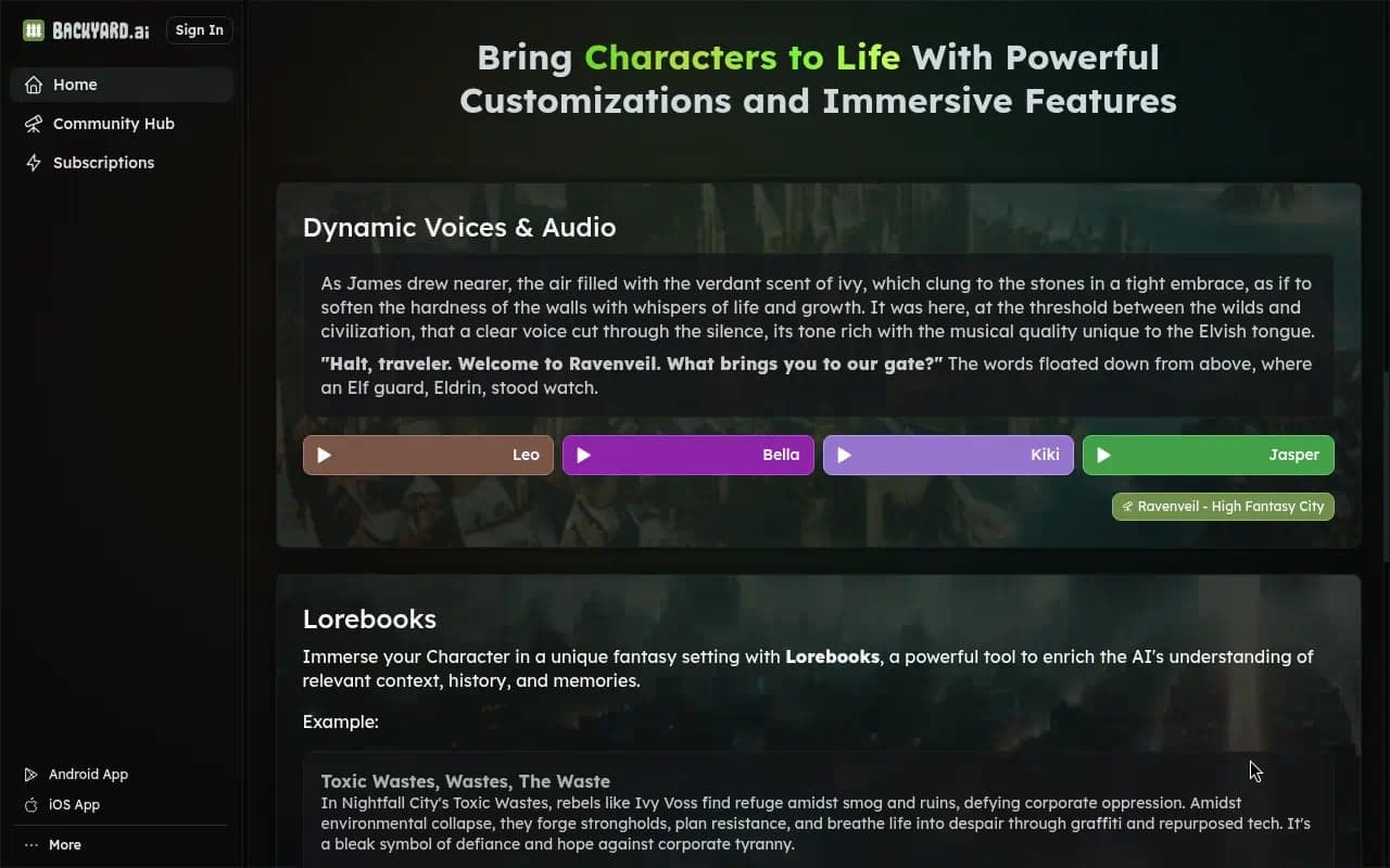 Backyard AI public features surface with Dynamic Voices Audio controls and Lorebooks example