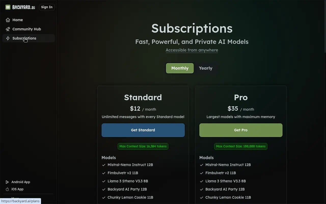 Backyard AI public Subscriptions pricing showing Standard and Pro monthly plans with model lists