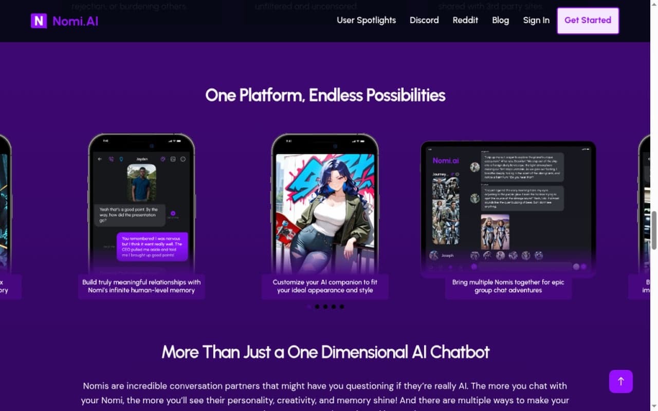 Nomi.ai public product carousel showing companion appearance customization UI