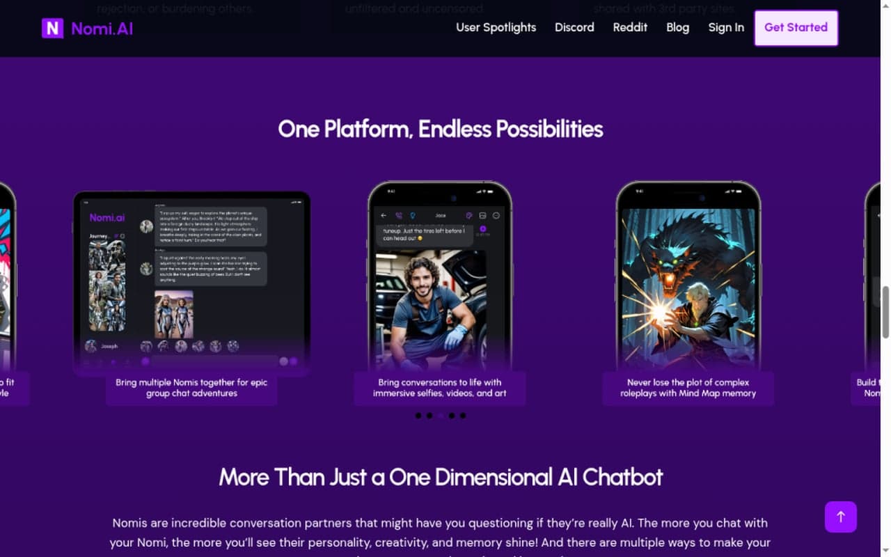 Nomi.ai public product carousel showing selfie and media UI